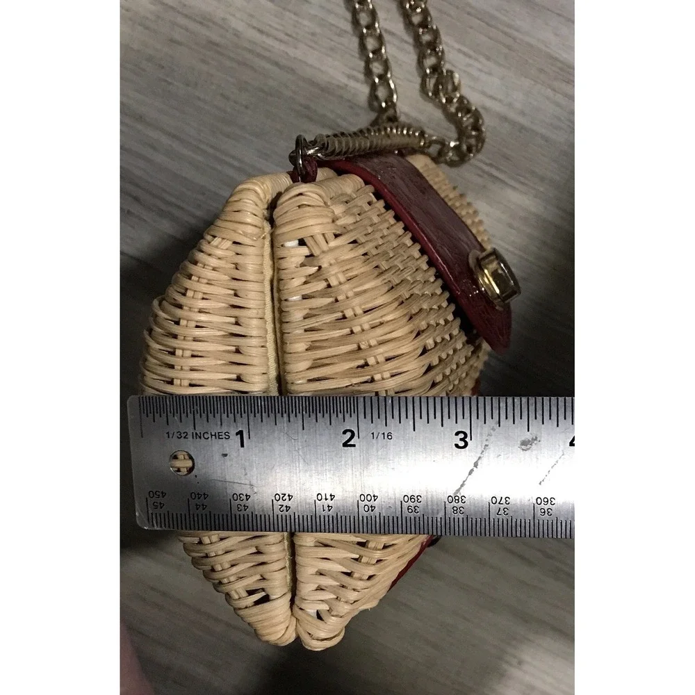 Vintage Straw Woven Handbag Red Leather Accents with Gold Chain